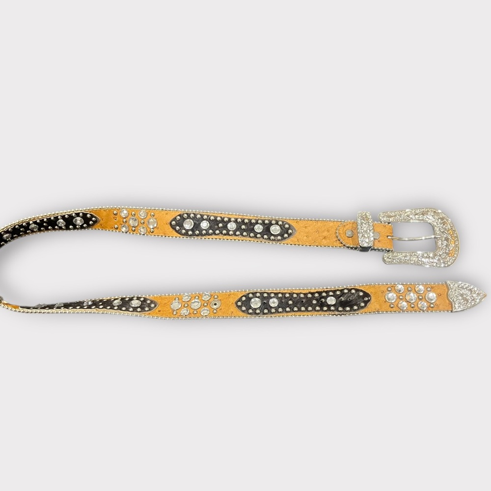 Atlas Black and Tan Leather Belt with Silver Buckles and Rhinestone Detailing